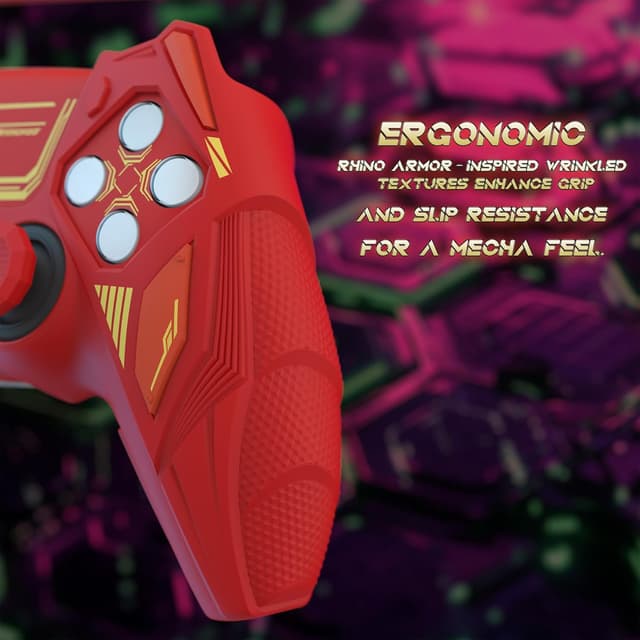 Detalle de PlayVital Mecha Rhino silicone cover for PS5 controller (thumb grips & stickers) – anti-slip grip skin, Maple Red & Brick Red