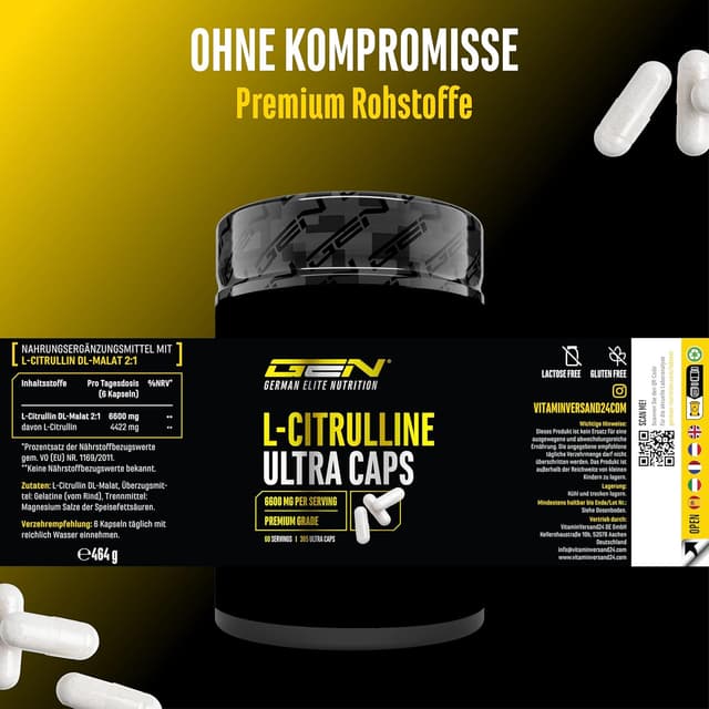 Detalle de L-Citrullin Ultra Caps von German Elite Nutrition – 365 Kapseln mit 1.100 mg L-Citrullin DL-Malat (2:1)