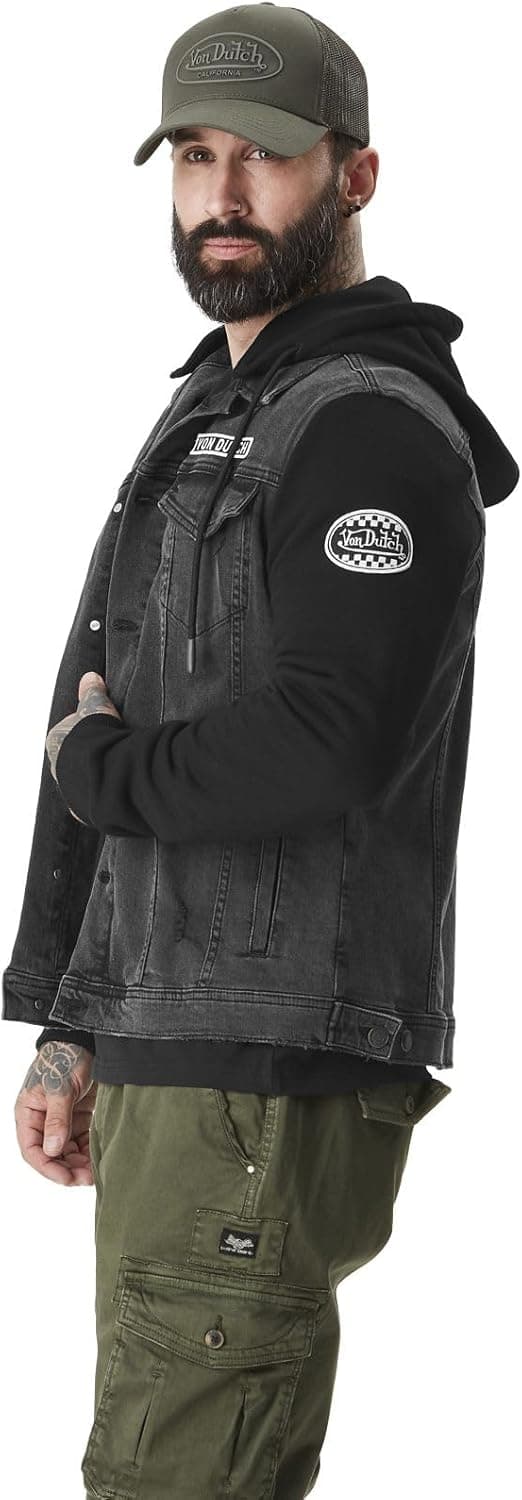 Detalle 2 de Veste en jean bi-matière homme Dutch Used Noir (98% coton, 2% élasthanne)