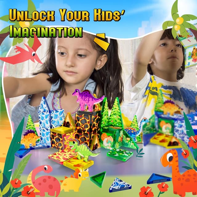Detalle de URRLUNA 36pc Mini Magnetic Tiles Dinosaur Travel Set for Kids (Portable Dino Building Blocks)