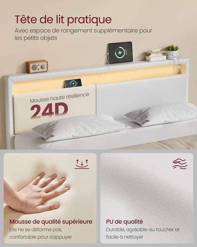 Thumbnail 5 de VASAGLE Lit double 140 x 190 cm cadre flottant avec LED