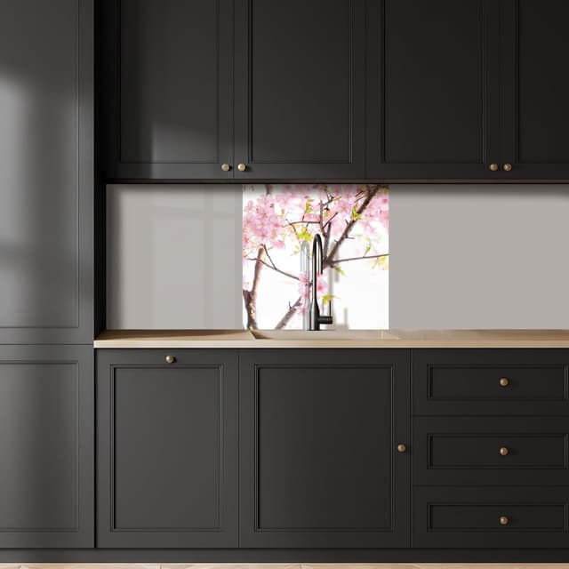 Detalle de KitchenYeah© Spritzschutz Küche 80x80 cm – selbstklebende Küchenrückwand mit Glasoptik-Design (Kirschblüte, rosa)