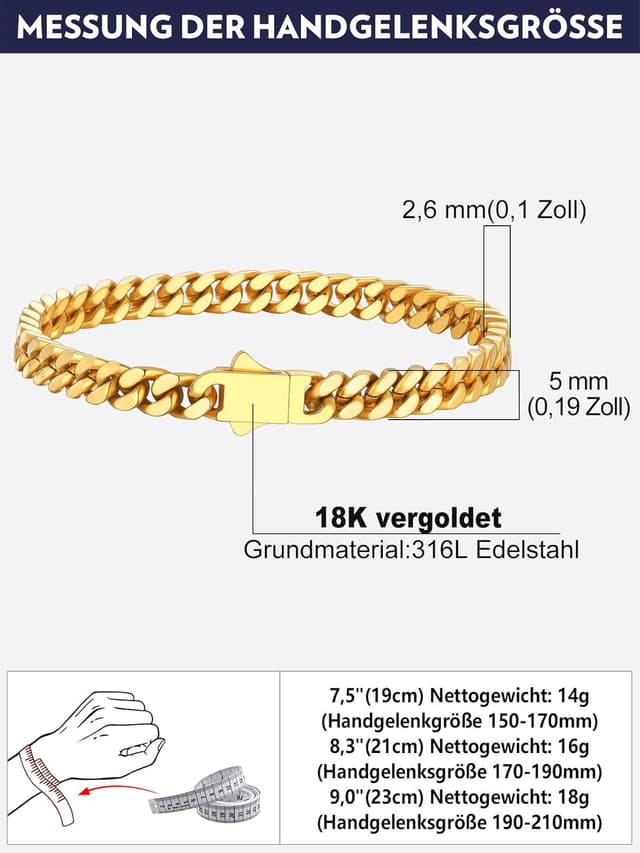 Detalle de Bandmax Herren Panzerarmband aus 316L Edelstahl (5 mm) mit kubanischer Miami-Kette, 19/21/23 cm – silber/schwarz/vergoldet
