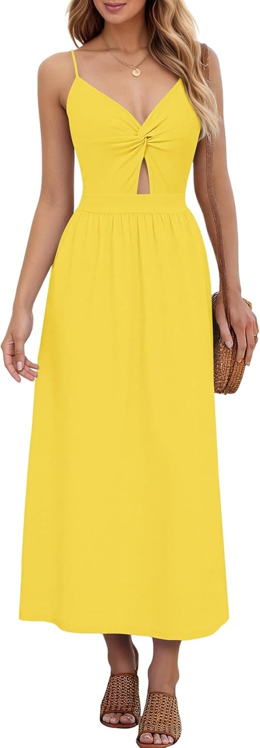 Detalle de AUSELILY summer maxi dress for women with V-neck, sleeveless fit and pockets
