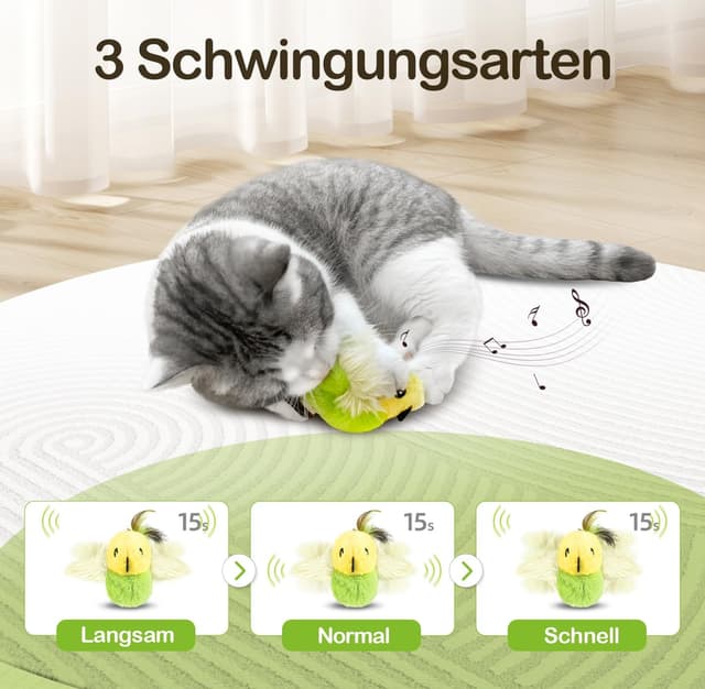 Detalle de Migipaws elektrisches interaktives Katzenspielzeug mit echten Flügeln, Zwitschern & Katzenminze (wiederaufladbar, grün)