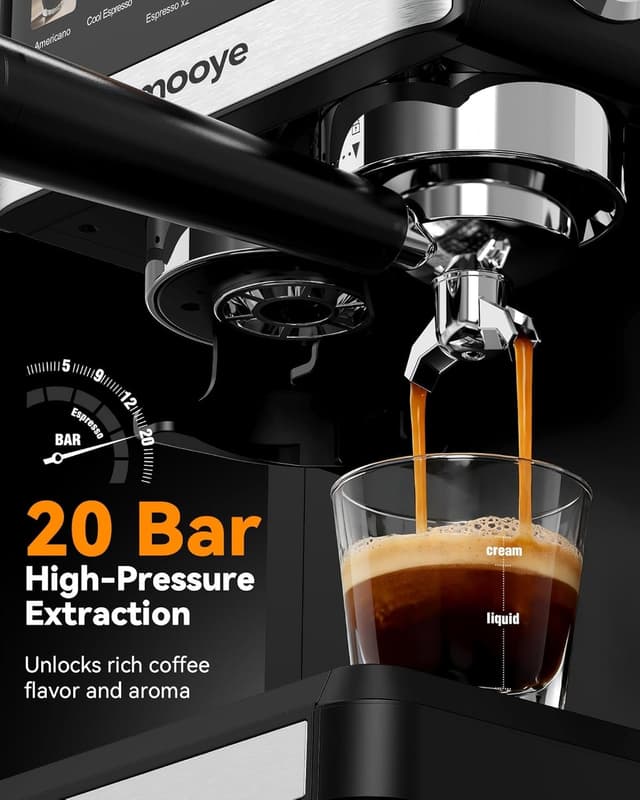Detalle de Mooye Espresso Machine with Grinder (20-Bar) with Steam Wand for Cappuccino, Latte & Cold Brew
