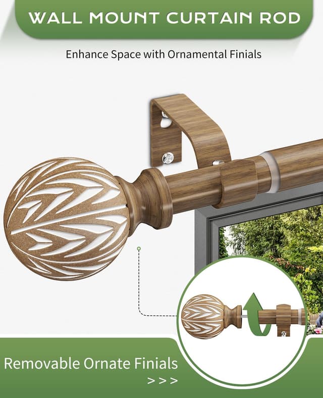 Thumbnail 2 de KVEEO Wood Curtain Rod Adjustable 18–45 Inch