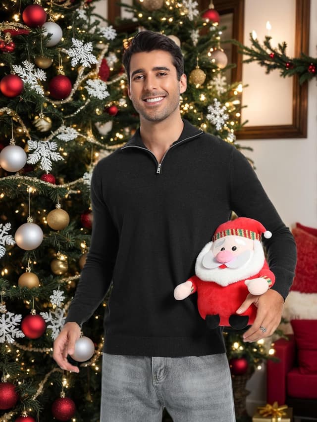 Detalle de Pull homme Yukiuiny col zippé effet haut roulé Noël flocon de neige