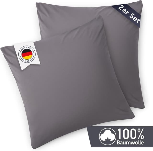 Detalle de Blumtal Kissenbezug 60x60 cm (2er-Set) Grau – 100% Baumwoll-Jersey mit Reißverschluss