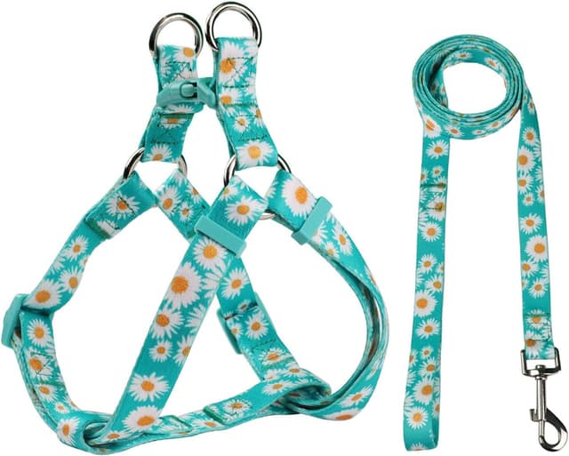 Detalle de Olahibi floral harness and matching 150cm leash set for medium dogs (green daisy) — no-pull, easy wear