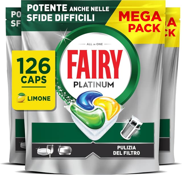 Detalle de FAIRY Platinum capsule detersivo per lavastoviglie con sistema di prelavaggio integrato (126 capsule) Limone