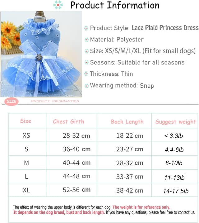 Detalle de BT Bear Small Dog Dress (Large) – Puppy Skirt with Bow, Lace Princess Tutu for Wedding & Photos (Blue, L)