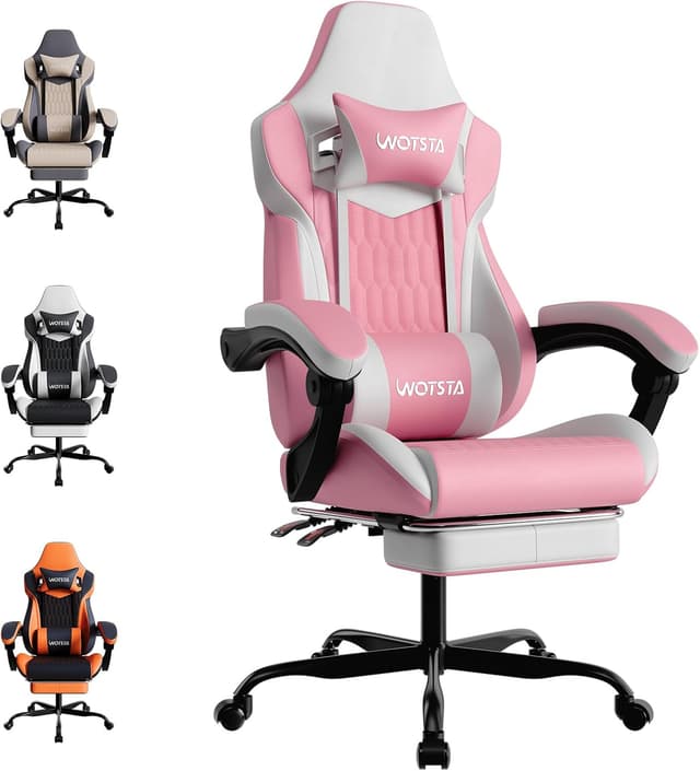 Detalle de WOTSTA Gaming Chair with Footrest, Lumbar Support and 135° Recline (Pink White)