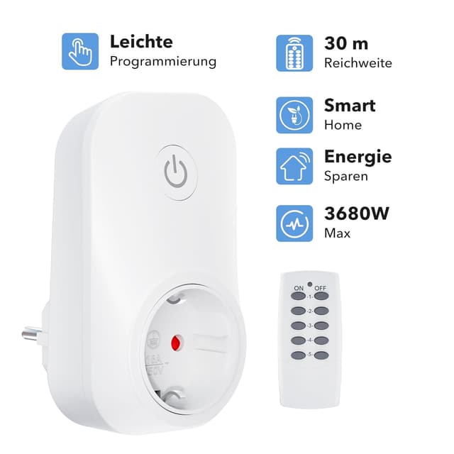 Detalle 2 de HBN Funksteckdosen-Set (4 Steckdosen) mit Fernbedienung, Reichweite 30 m, bis 3.680 W / 16 A, weiß