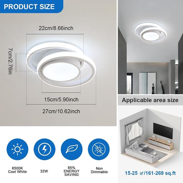 Detalle de Dorlink Dual-Round 32W LED Ceiling Light (2880LM, 6500K) for Hallway & Bedroom