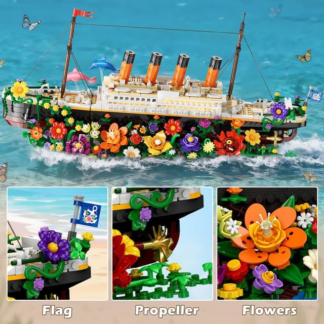 Detalle de INSOON Blumen Titanic Bauspielzeug mit Licht – 1.860‑Teile Titanic-Schiffsmodell