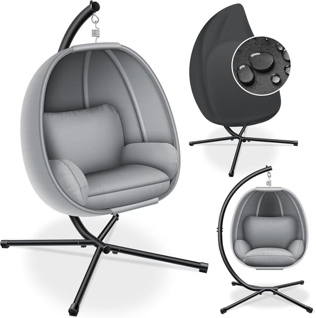 Detalle de KESSER® Luxe Hängesessel mit Gestell, Sitz- & Rückenkissen sowie Abdeckung – Indoor & Outdoor, bis 150 kg, grau
