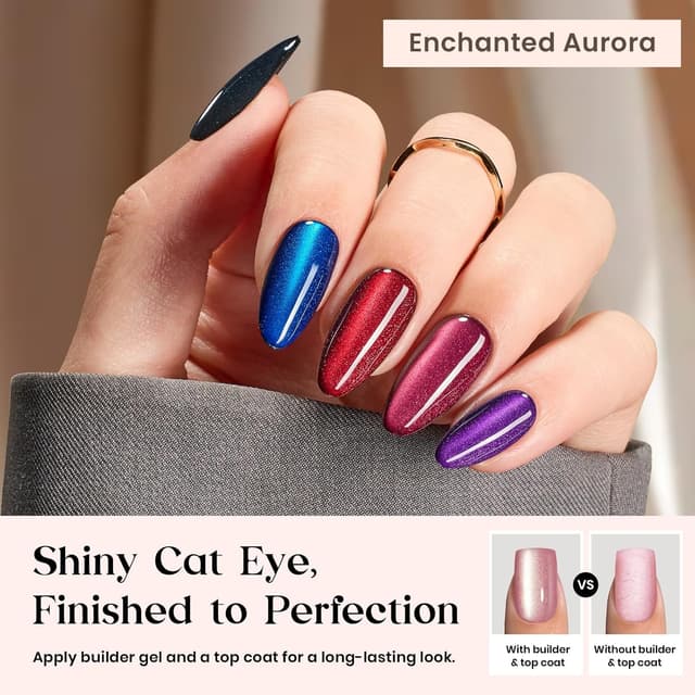 Detalle de Beetles Enchanted Aurora Cat Eye Press On Nails (Gel Polish) — Medium Almond, 7 Colors, 16 Sizes, 224 Pieces