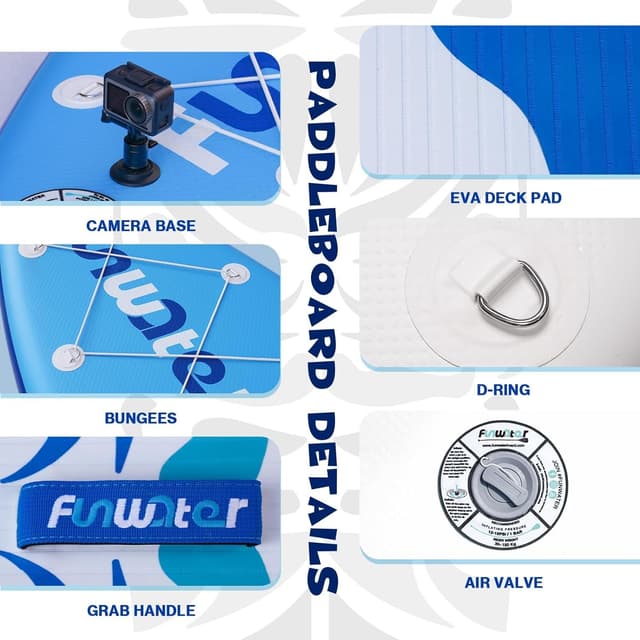 Detalle de FunWater Tavola Gonfiabile SUP con pinne, pagaia, pompa e zaino