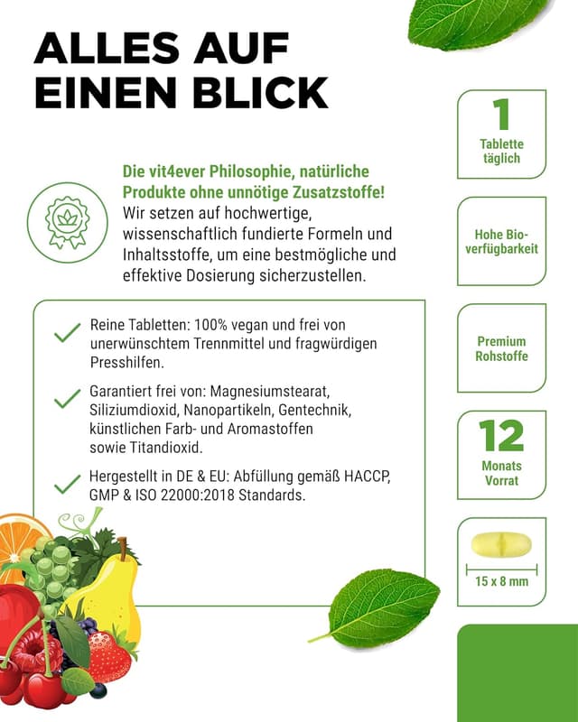 Thumbnail 5 de Multivitamin A-Z - 365 Tabletten (12 Monate) - 32 aktive Inhaltsstoffe - Kombination aus Mineralien + Aminosäuren + Spurenelementen + Pflanzenextrakten - Vegan - Hochdosiert
Multivitamin A-Z - 365 Tabletten (12 Monate) - 3…