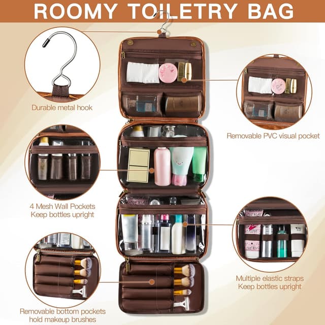 Detalle 2 de Elviros 3-in-1 Hanging Toiletry Bag (Brown) – water-resistant PU dopp kit organiser