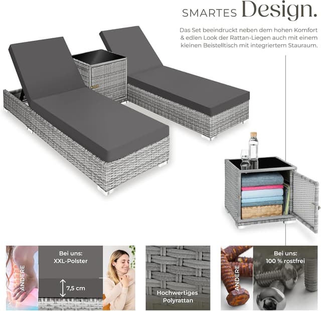 Detalle de tectake® 2er Garten Lounge Sonnenliegen-Set mit Tisch (2er Set, hellgrau)