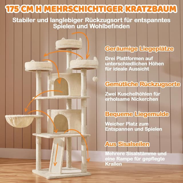 Detalle de Yaheetech Kratzbaum 174 cm mit 3 Aussichtsplattformen und Spielhaus (beige)