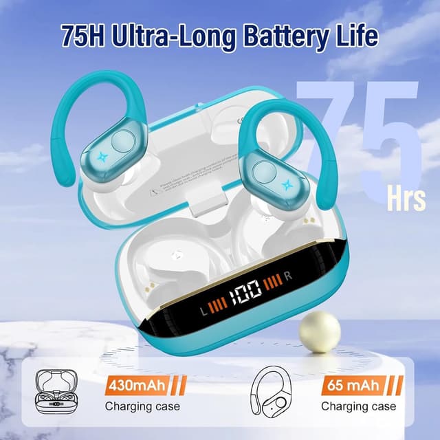 Detalle 2 de Qecnato Wireless Earbuds Bluetooth 5.4 with 75H Playtime, Earhooks, LED Display, 4-Mic ENC (IP7 Waterproof) — Blue