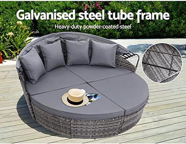 Detalle 2 de EVRE Bali 3 Piece Modular Round Rattan Wicker Daybed Set with Extendable Canopy (Mixed Grey)