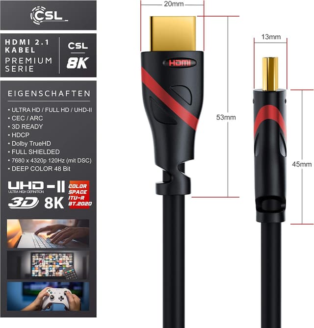 Detalle de CSL HDMI 2.1/2.0 Ultra High Speed Kabel 8K/4K – 4 Meter (8K 60 Hz, 4K 120 Hz mit DSC, 48 Gbit/s, Ethernet, Schwarz)