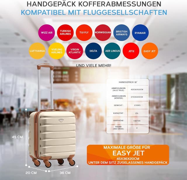 Detalle de Flight Knight Leichtes Hartschalen-Handgepäck ABS mit 4 Rollen – 45 x 36 x 20 cm (für über 100 Airlines)
