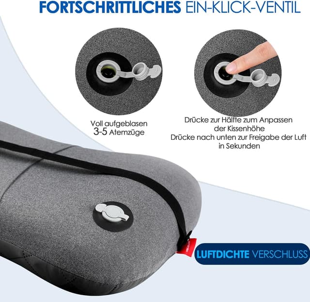 Detalle de HIKENTURE aufblasbares Camping- & Reise-Kopfkissen mit abziehbarem Baumwollbezug (Grau)