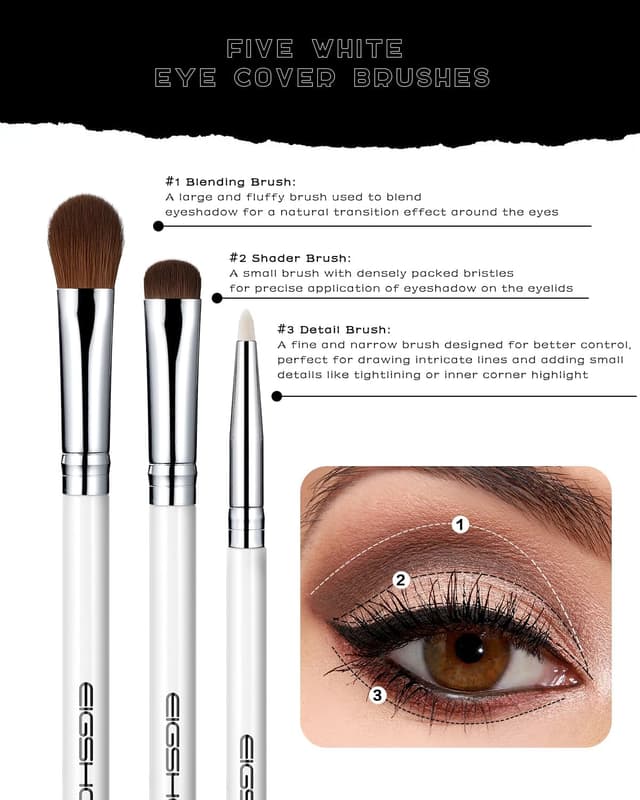Detalle de EIGSHOW set di 5 pennelli per trucco occhi con eyeliner e sopracciglia (bianco)