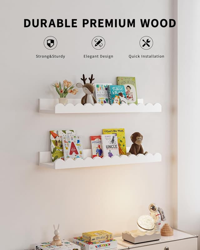 Detalle de Shario Nursery Book Shelves (4-Pack) White Floating Wall Shelves for Kids Rooms