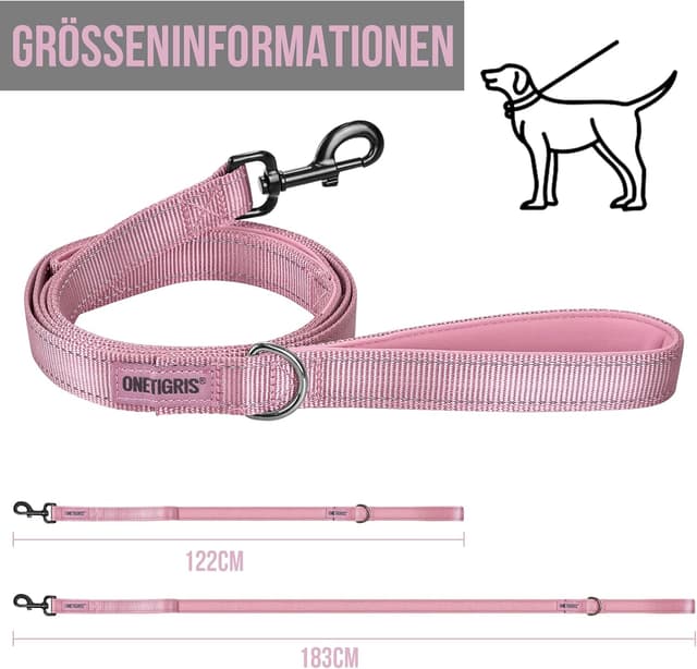 Detalle de OneTigris Hundeleine mit 2 Griffen und reflektierenden Streifen, 182 cm, Rosa