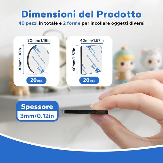 Detalle 2 de HOMMAND Pads Biadesivo Extra Forte in schiuma EVA (40 pezzi) quadrati e tondi, nero