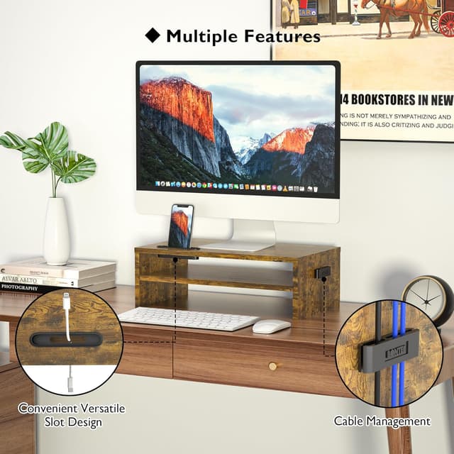 Detalle de BONTEC Wood Monitor Stand Riser with Smartphone Holder (2 tiers) – Rustic Brown