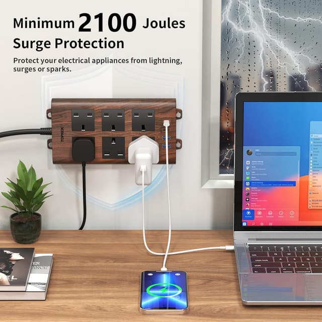 Detalle de TOPREK Wood Grain 6-Way Extension Lead with 2USB-C, 2USB-A & Surge Protection (2m, Brown)