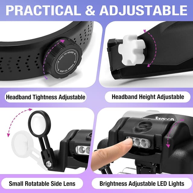 Detalle de Exgoon Lupe mit Licht – Stirnbandlupe mit bis zu 14-facher Vergrößerung, 6 abnehmbaren Linsen (Schwarz)