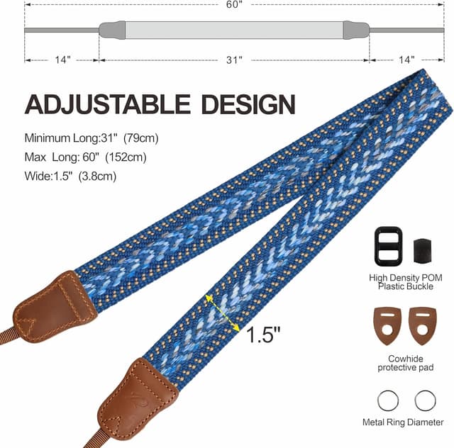 Thumbnail 6 de Padwa Lifestyle Speed Blue Camera Strap – 1.5" soft cotton rope weave strap with crazy horse cowhide ends