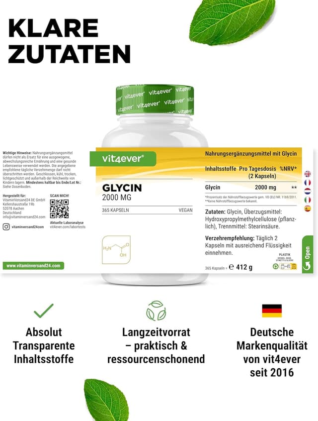 Detalle de vit4ever Glycin 365 Kapseln – hochdosiertes L-Glycin (2000 mg/Tag) vegan