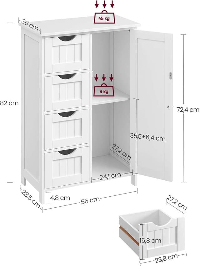 Detalle de VASAGLE Badezimmerschrank LHC41W mit 4 Schubladen, Tür & verstellbarer Ablage (30 x 55 x 82 cm) – schmaler Badschrank