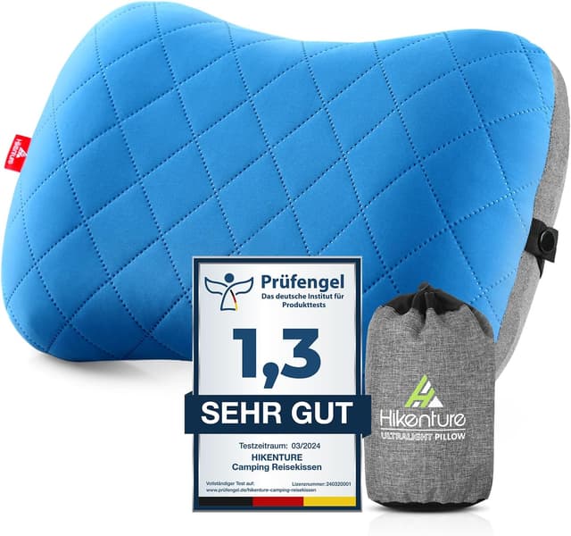Detalle de HIKENTURE Aufblasbares Camping- & Reisekissen mit abziehbarem Kissenbezug (blau) – One Size