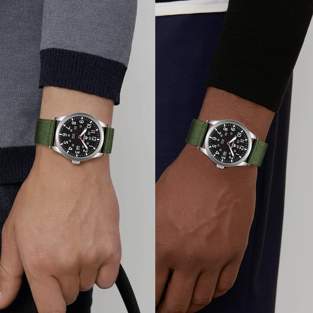 Detalle de LN LENQIN men’s military-style analog quartz watch with date, 42mm steel case & nylon strap (water-resistant 3 ATM)