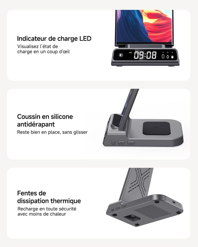 Detalle de Station de charge sans fil 3 en 1 pour Samsung (avec horloge) + charge induction pour Galaxy Watch et Galaxy Buds