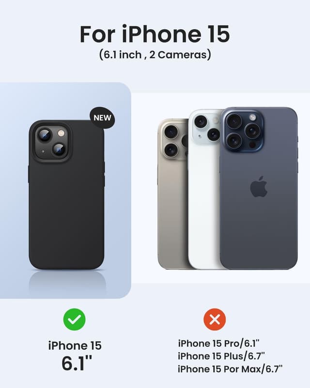 Detalle de BUYDOT Liquid Silicone iPhone 15 Case (6.1-inch) — Slim Shockproof Protective Cover, Black