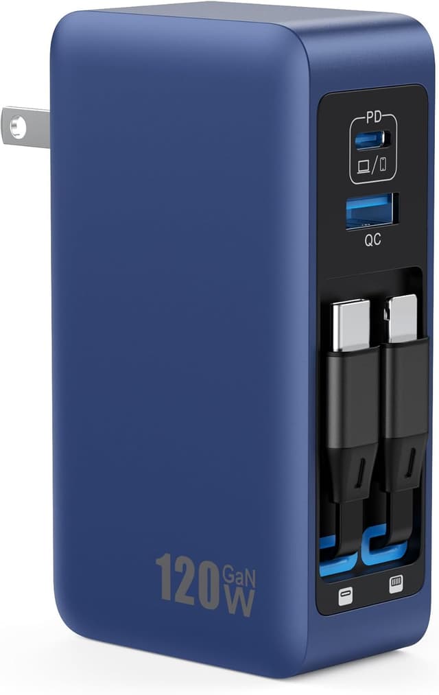 Detalle de 120W USB-C Charger Block with Retractable Cables (4-in-1 GaN IV) — PD 65W Laptop Adapter Wall Charger Station, Dark Blue