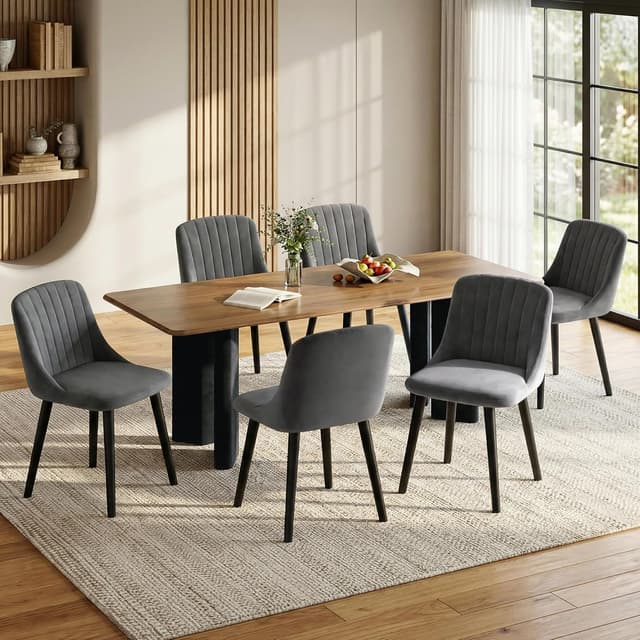 Detalle de Lot de 6 chaises de salle à manger Goeurvant gris foncé en velours et pieds en bois