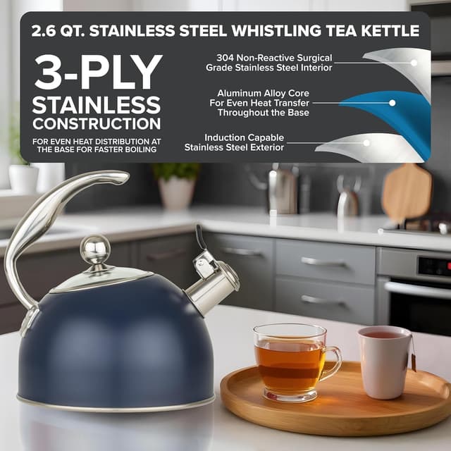 Detalle 2 de Viking 3-Ply Stainless Steel Tea Kettle (2.6 Quart) with Tempered Glass Lid, Induction Ready — Slate and Blue