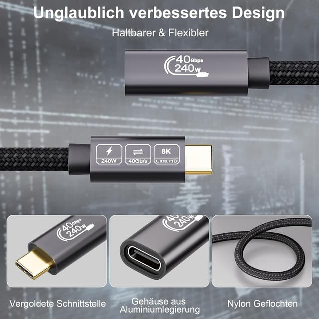Detalle 2 de EUDOBEL USB-C Verlängerungskabel 2 m (USB 4 / Thunderbolt 4) bis 40 Gbit/s, 8K@60 Hz, bis 240 W PD 3.1